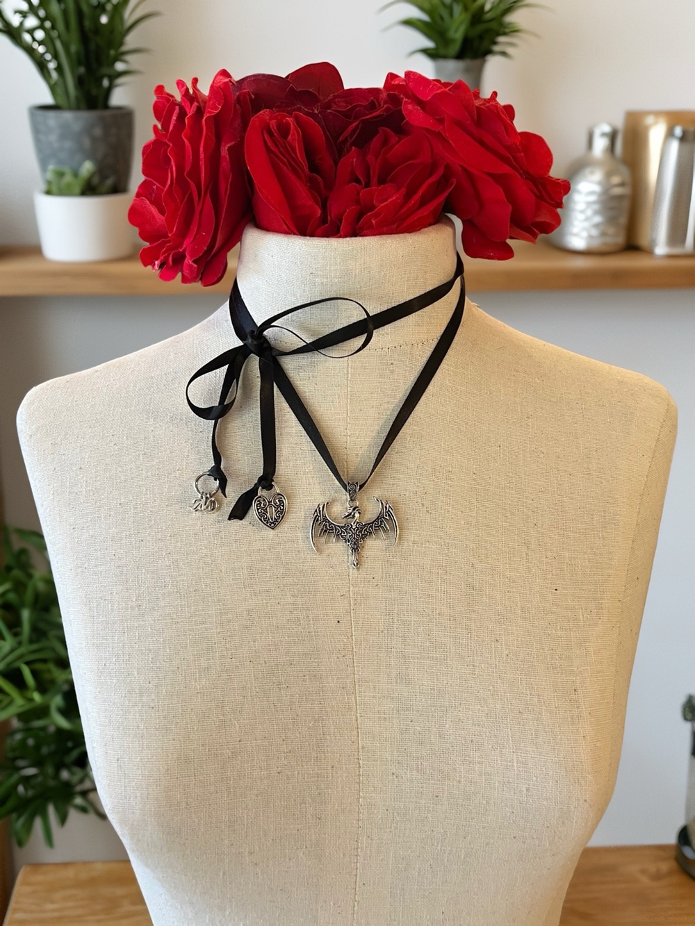 Black Satin Ribbon Choker Necklace with Dragon Pendant and DND and Heart Charms